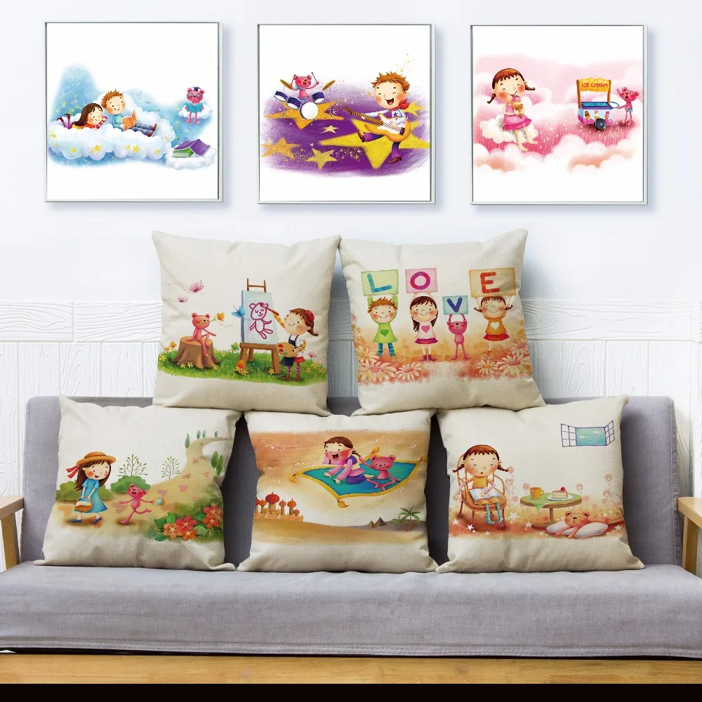 

Cartoon Children's Day Boy Girl Print Pillow Cover 45*45cm Square Cushion Covers Linen Pillow Case Sofa Home Decor Pillows Cases