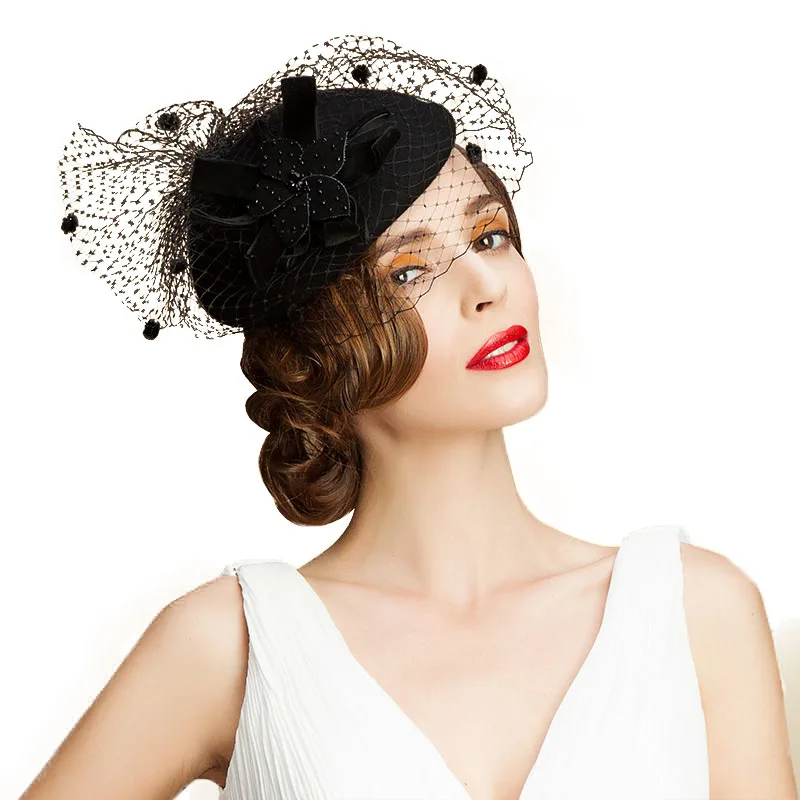 Шляпка Таблетка для женщин черная Вуалетка из 100% австралийской шерсти с фаткой