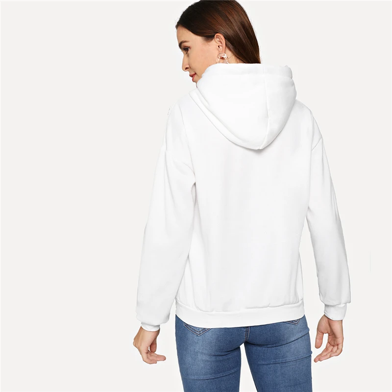Dotfashion, белая толстовка с капюшоном и вышитыми буквами, на шнурке, с карманом, для женщин, консервативный дизайн, осенние пуловеры с капюшоном, Весенняя Толстовка с длинным рукавом
