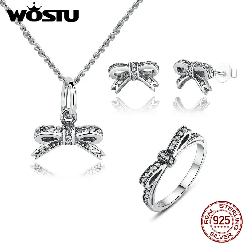Женский ювелирный комплект из серебра 100% пробы с блестящим бантом|wedding jewelry|jewelry