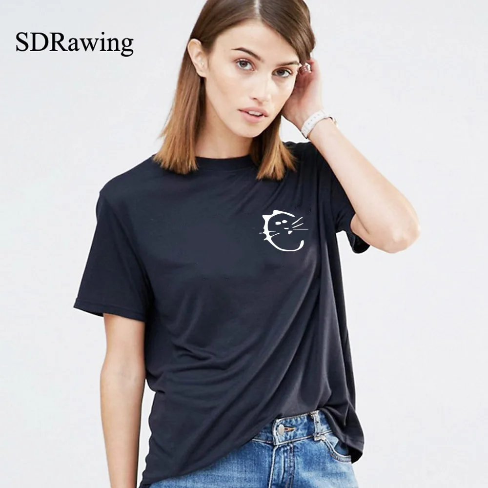 Новинка 2020 женская одежда с карманом в виде кошки хлопковая Футболка стиле Instagram