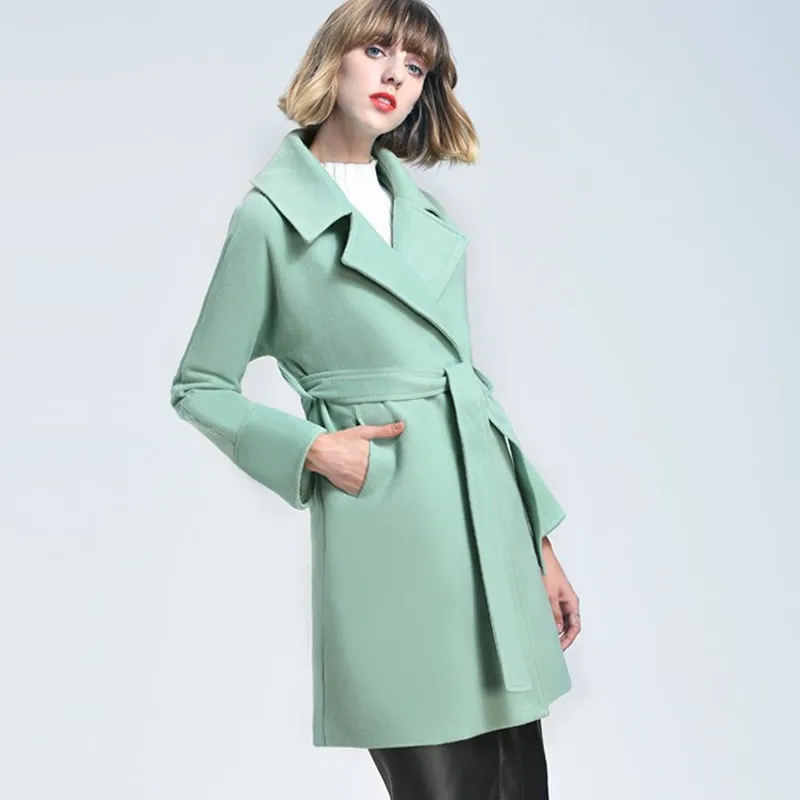 Женское шерстяное пальто зима 2017 длинное с поясом корейское меховое женское