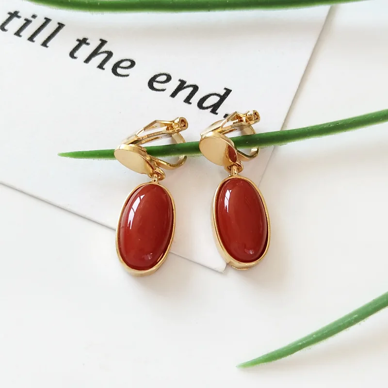 red clip earring Японские каменные клипсы с кристаллами леса без пирсинга, Винтажные серьги без отверстия для ушей, корейские клипсы для женщин - Окраска металла: red clip earring