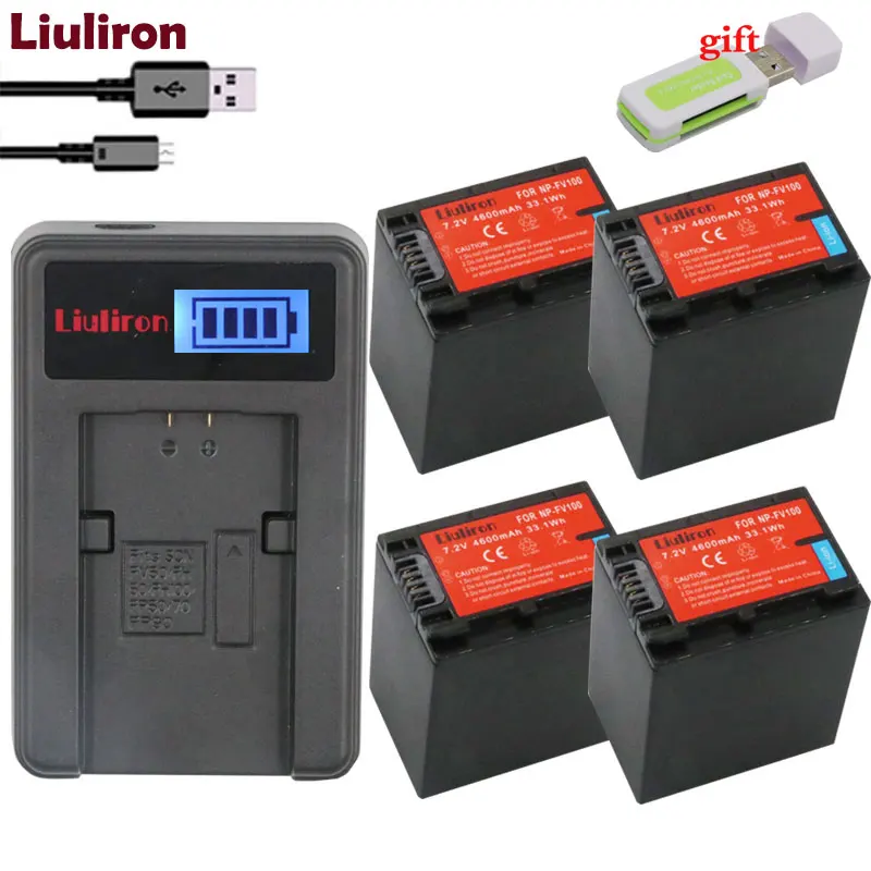 charger and 4battery NP FV100 NPFV100 FV100 Камера Батарея+ ЖК-дисплей USB Зарядное устройство для SONY NP-FV30 NP-FV50 NP-FV70 SX83E SX63E FDR-AX100E - Цвет: charger and 4battery