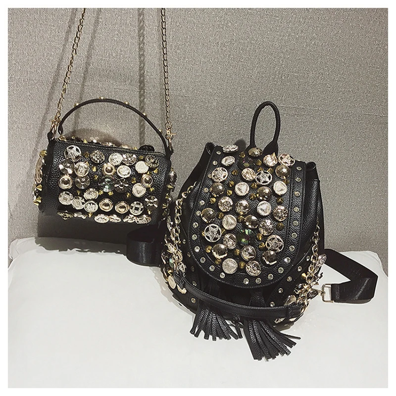 Женская сумка 2019 новая модная Кнопка ведро с заклепками двойная через плечо на