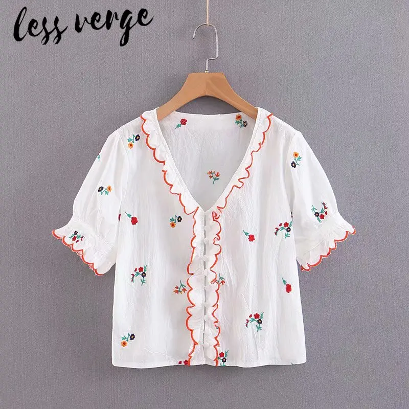 Женская блузка с оборками и v образным вырезом lessverge белая Повседневная Блузка