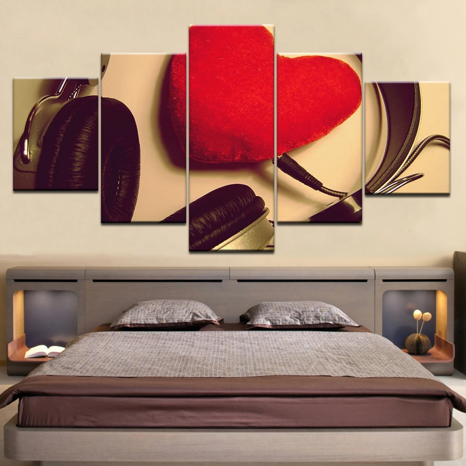 5 Panel/piece HD Print Take headphones red heart love fashion wall posters Canvas Art Painting For home living room decoration | Дом и сад