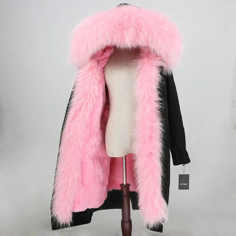black pink OFTBUY X-long Женская парка водонепроницаемая верхняя одежда пальто из натурального меха натуральный мех енота воротник подкладка из натурального кроличьего меха съемный теплый - Цвет: black pink