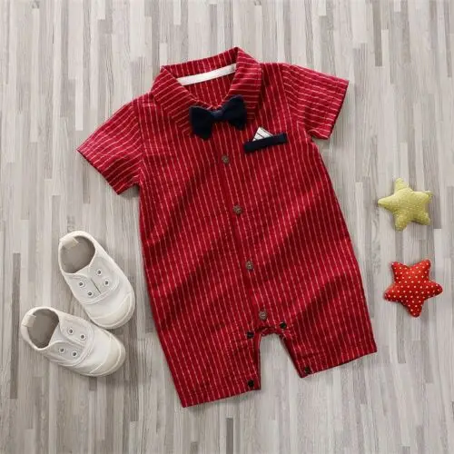 2019 Brand Newborn Baby Boys Wedding Party Bow Formal Romper New Striped Short Sleeve Gentleman Jumpsuit Outfit Boy Clothes |