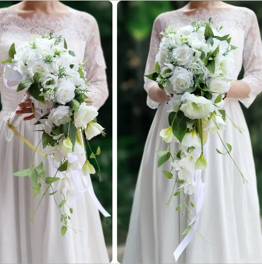 Белые каскадные Свадебные букеты De Mariage розы орхидеи Искусственный Шелковый цветок ручной работы Свадебный букет Новинка Горячая Распродажа s161 - Цвет: white