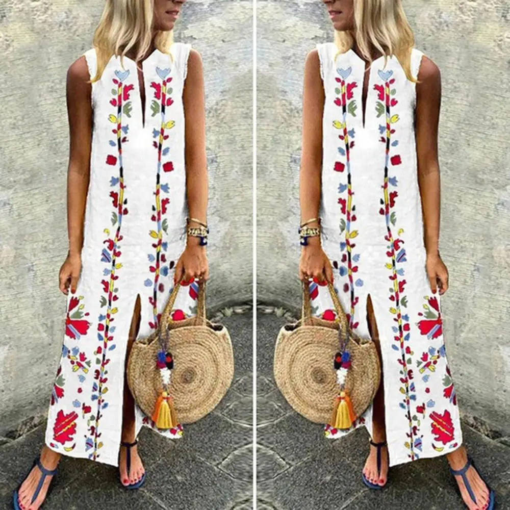 2019 для женщин с цветочным принтом DressSummer сексуальное платье без рукавов Вечерние