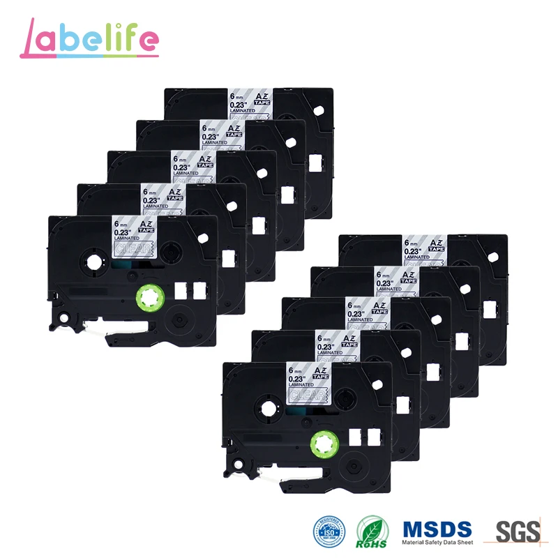 Labelife 10 упаковок TZe 115 белый на прозрачной 6 мм * 8 м стандартная ламинированная