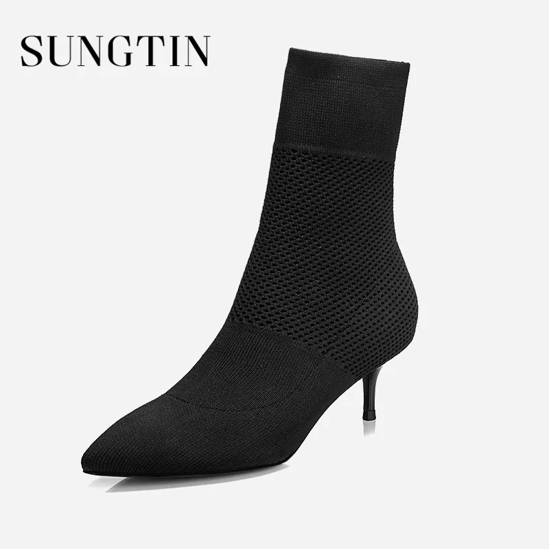 Sungtin/Модная стелька из эластичной ткани; женские ботинки; сезон весна; пикантные женские ботильоны с острым носком на высоком каблуке; стилеты - Цвет: Черный