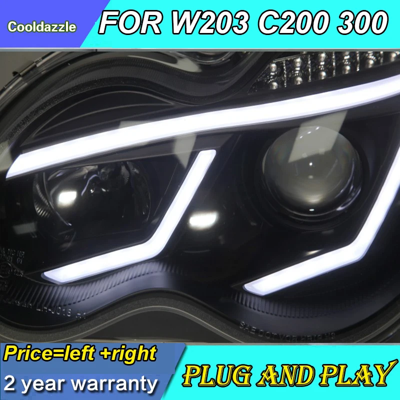 Для Mercedes-Benz 2000-2007 год W203 C63 C200 C230 C280 C300 светодиодный ангельские глазки светодиодный передний фонарь с DRL дневным светом