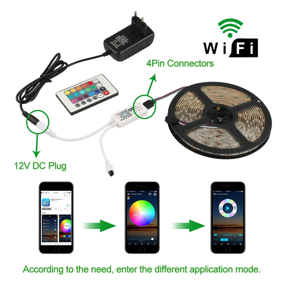 WiFi Светодиодная лента 5 м с контроллером и адаптером 5050 2835 DC 12V 300 LED RGB светодиодная