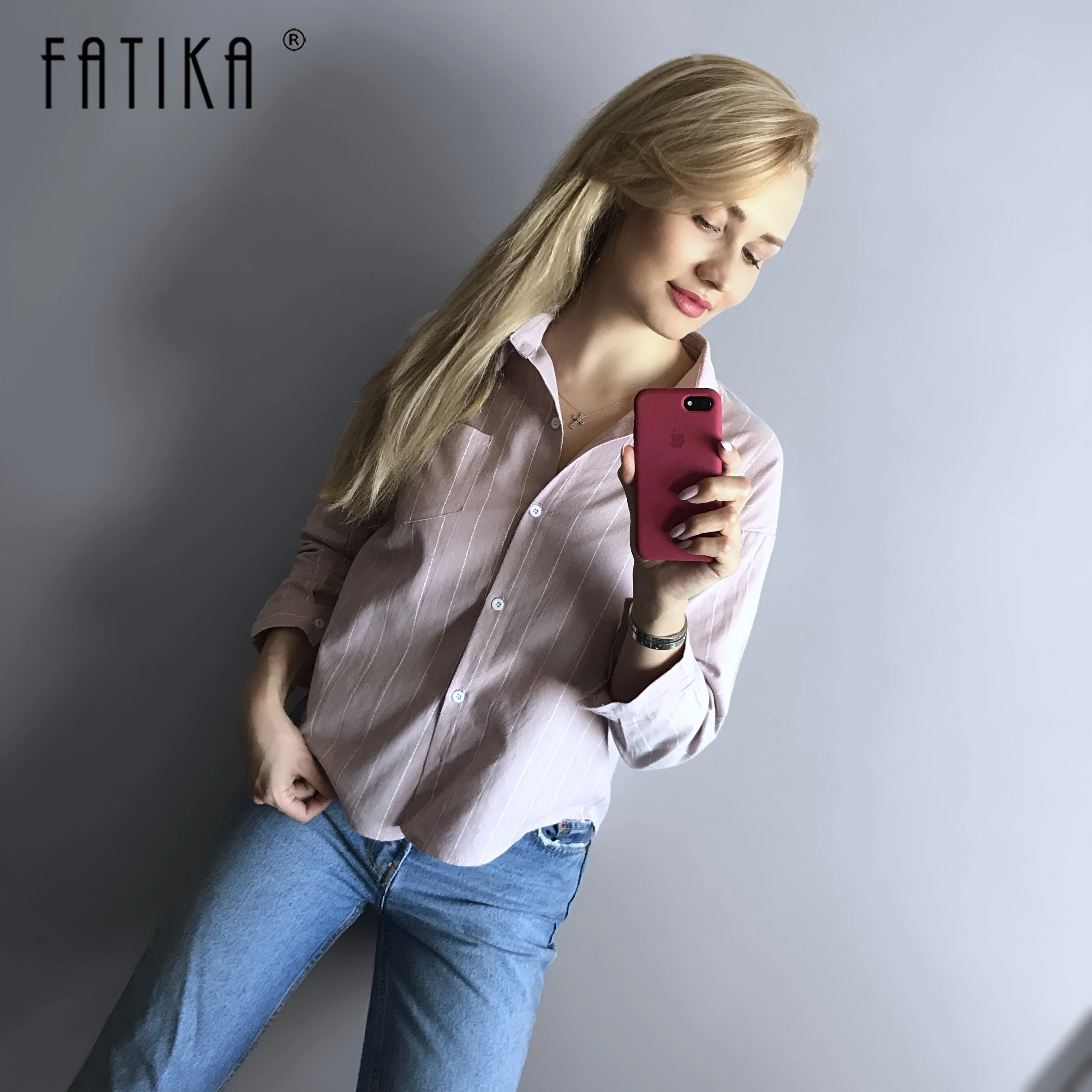 Блузка в полоску Fatika с длинным рукавом и карманами отложным воротником на весну