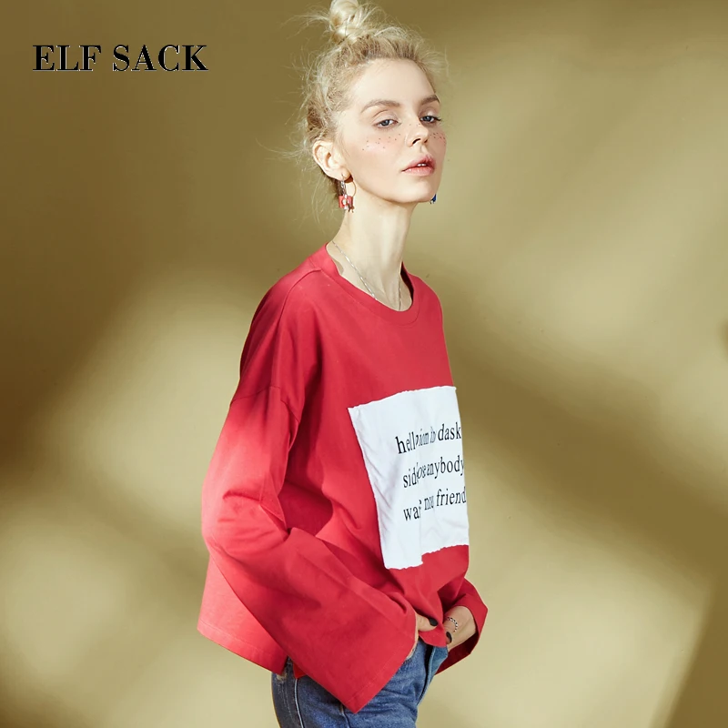 ELF SACK с принтом в стиле пэчворк женские короткие топы осень мода o-образным вырезом полный рукав оверсайз женская футболка Повседневная футболка
