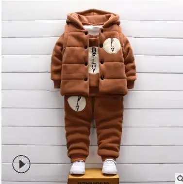 Зимний костюм для мальчиков, спортивные костюмы для мальчиков 1-3 лет из 3 предметов, толстая зимняя детская одежда с плюшевой подкладкой - Цвет: Коричневый