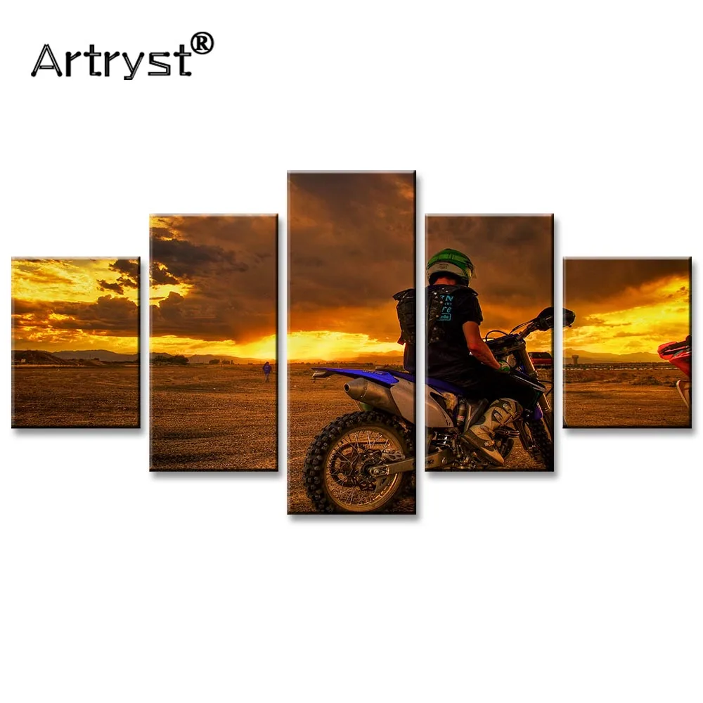 Фото Современный домашний декор 5 шт. модульная Картина на холсте мотоцикл Закат