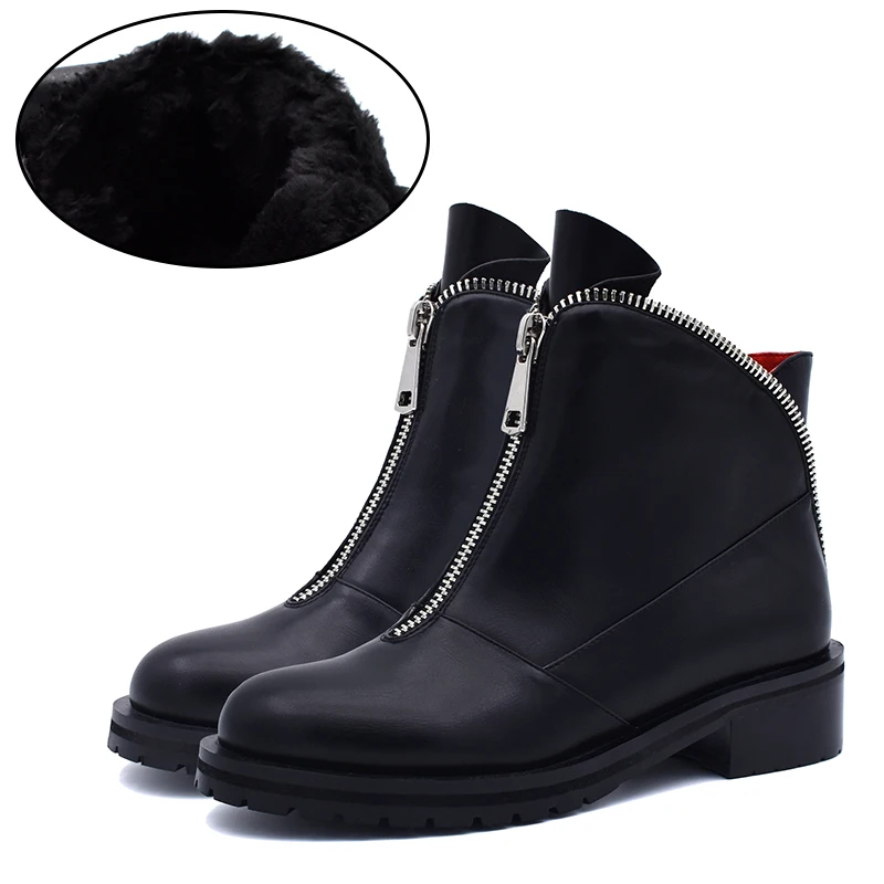 Black Thick Plush Odetina Модные Ботильоны Высокого Качества для Женщин Удобные Короткие Каблуки Передняя Молния Круглый Носок Обувь Осень-Зима Плюс Размер 42 - Цвет: Black Thick Plush
