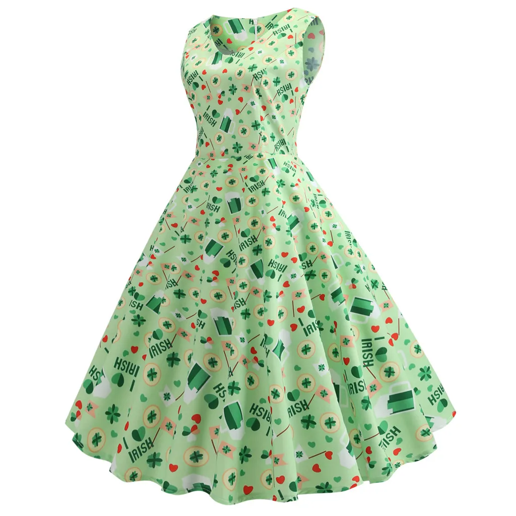 St. Patrick's Day Dresses For Women's Clover Sleeveless Evening Print Party Prom Swing Elegant Soft Bodycon Vestido | Женская