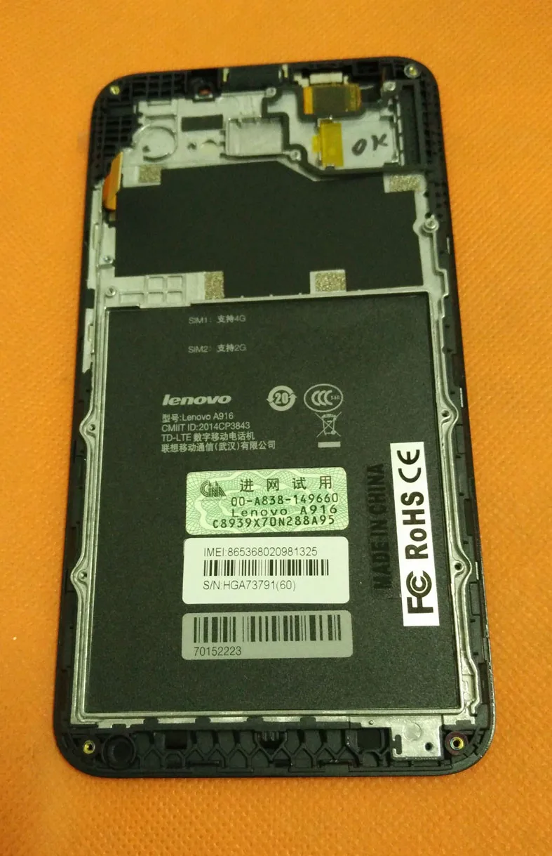 Старый оригинальный ЖК-дисплей + сенсорный экран рамка для Lenovo A916 MTK6592 Octa Core 5 &quotHD