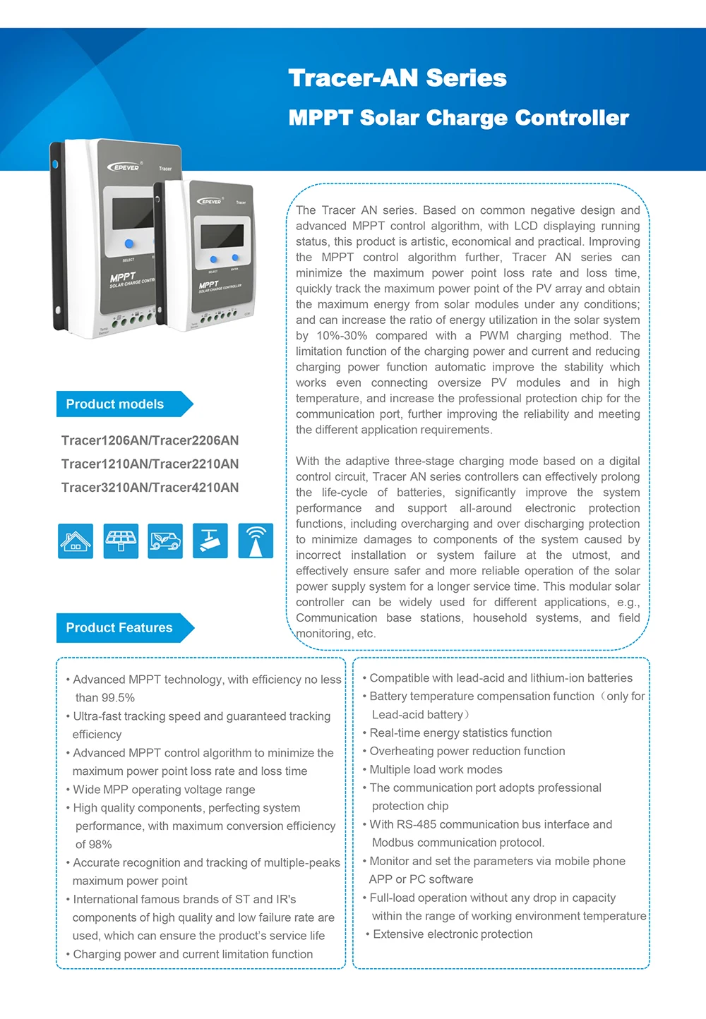EPSOLAR 100/80/60/50/40/30/20/10A MPPT Контроллер заряда для фотоэлектрических систем Панели солнечные Tracer Батарея Зарядное устройство регулятор 12/24/36/48V