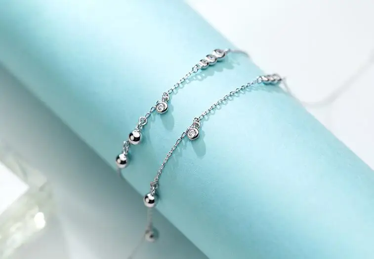 

Authentic REAL. 925 Sterling Silver Fine Jewelry Round ball & round solitaire zirconia anklet Bracelet adjust GTLS835