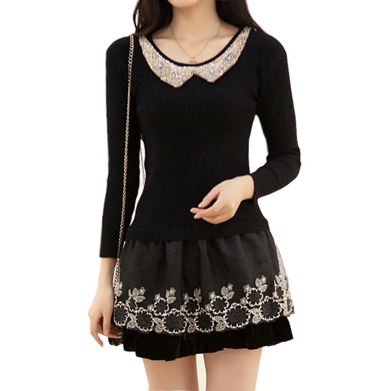 Sweater Dress Fall Winter New Korean Slim Thin Hot Drill Collar Pullover Bottoming Sweaters Women Long Clothing Vestidos LXJ210 | Женская