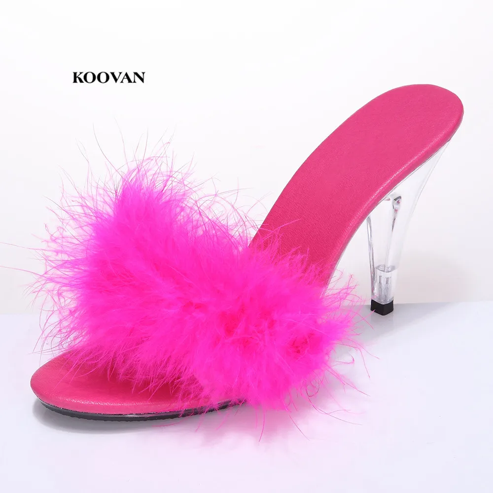 

Koovan Women Pumps 2018 Summer 10 Cm High-heeled Transparent Crystal Shoes Sandals Sexy Fur Large Size Fashion Show Shoes