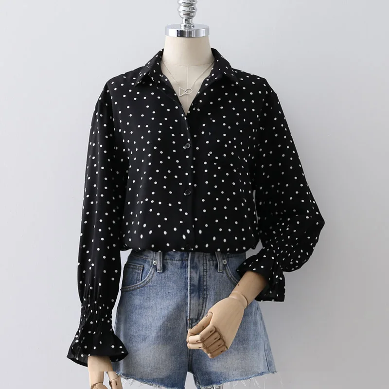 Женские шифоновые топы и блузки в горошек с отложным воротником длинным рукавом