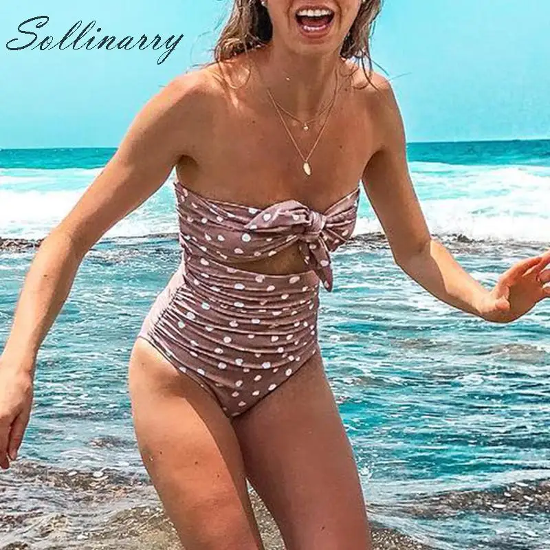 Sollinarry высокая талия галстук бабочка сексуальный пуш ап Цельный купальник бикини