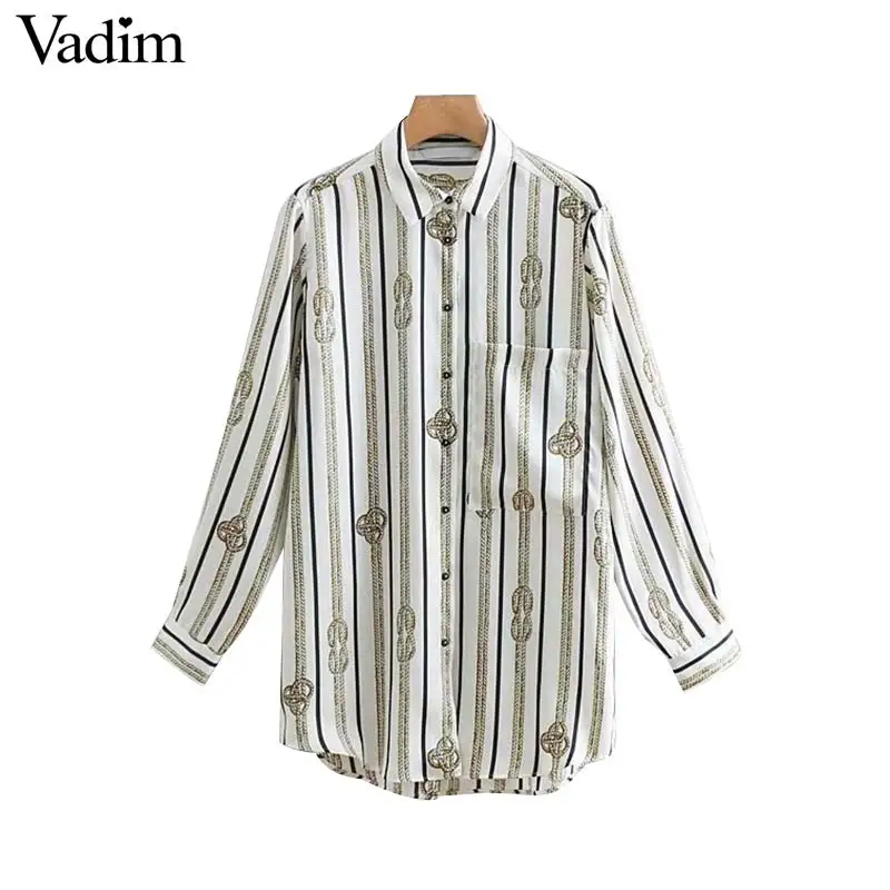 Vadim women striped prints long blouse sleeve turn down collar pocket pleated asymmetry shirts loose chic tops blusas LA824 |