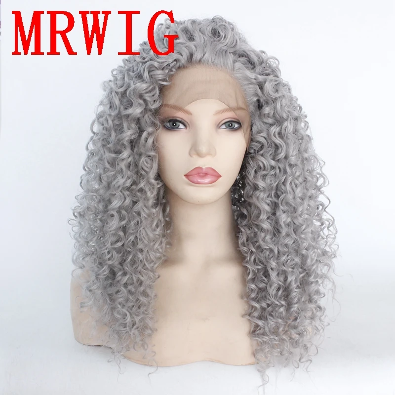 MRWIG 18in 180% Плотность кудрявый средний серый синтетический свободная часть передний кружевной парик Термостойкое волокно