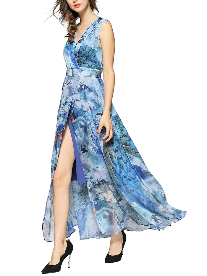 Летнее пляжное платье в стиле бохо винтажное длинное с цветочным принтом павлина