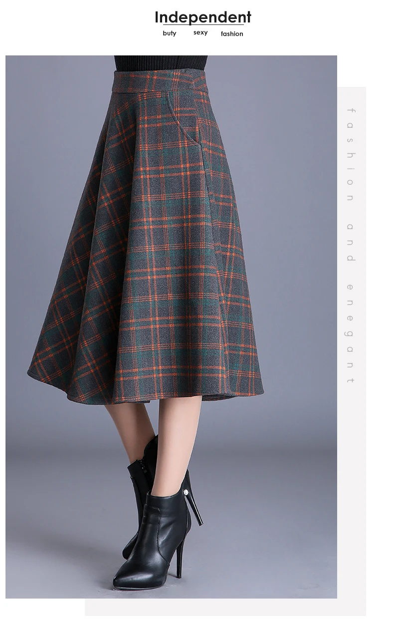 Осень Зима Толстая вязаная юбка Kilt Женская A Linie A shape большой подол миди юбки клетчатые плиссированные Biiger большие юбки
