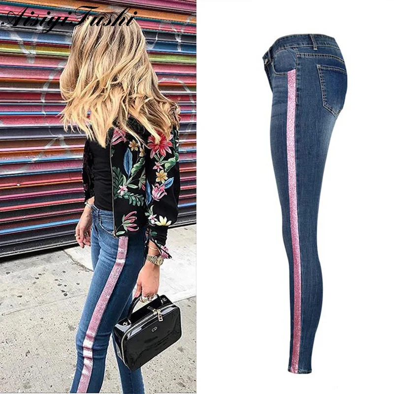 Women Skinny Jeans With Stripes Trousers Female Denim For Woman Plus Size Push Up Ladies Pencil Pants | Женская одежда