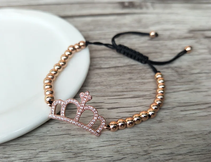 

5Pcs Micro Pave CZ imperial crown Connector Charm & Round Beads Bracelet Braided Macrame handcraft Jewelry Xmas Gift BG112