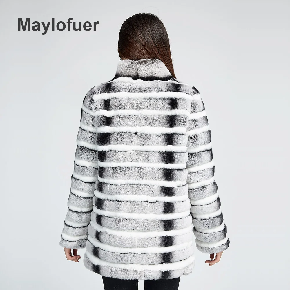 Maylofuer шуба из кролика рекс с длинными рукавами стоячий воротник Шиншилла Меховая