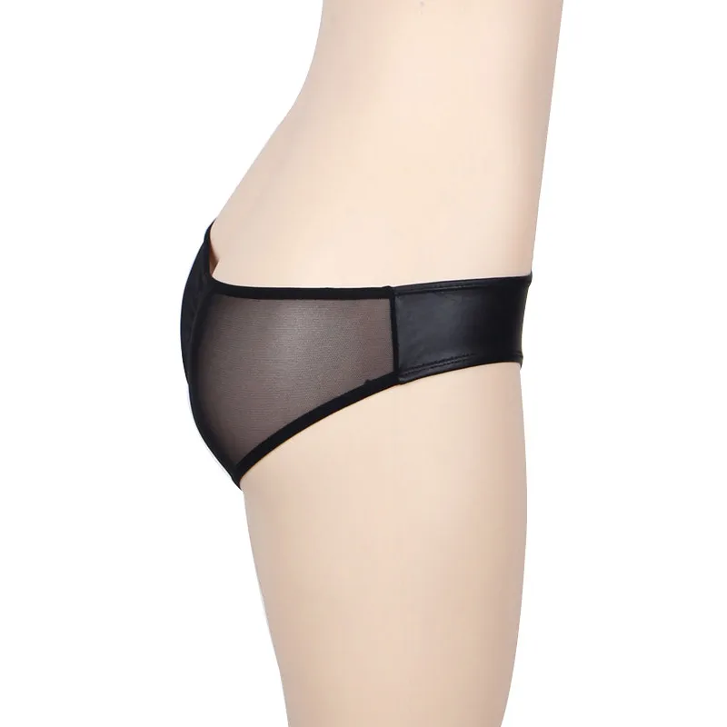Women Sexy Lingerie Open Crotch Sexy Panties Crotchless Erotic Leather Underwear Cheeky Briefs with Zipper Front and Mesh Back
