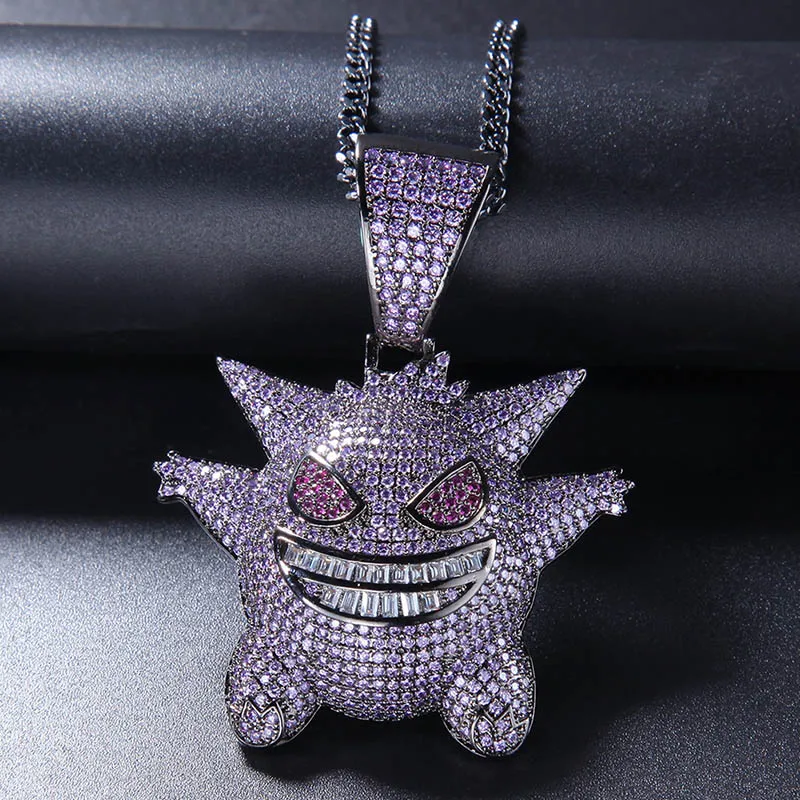 Синий AAA CZ циркон проложили Bling Ice Out маска покемона Gengar кулон ожерелье для мужчин хип хоп рэппер ювелирные изделия с 5*700 мм кубинская цепь - Окраска металла: Purple