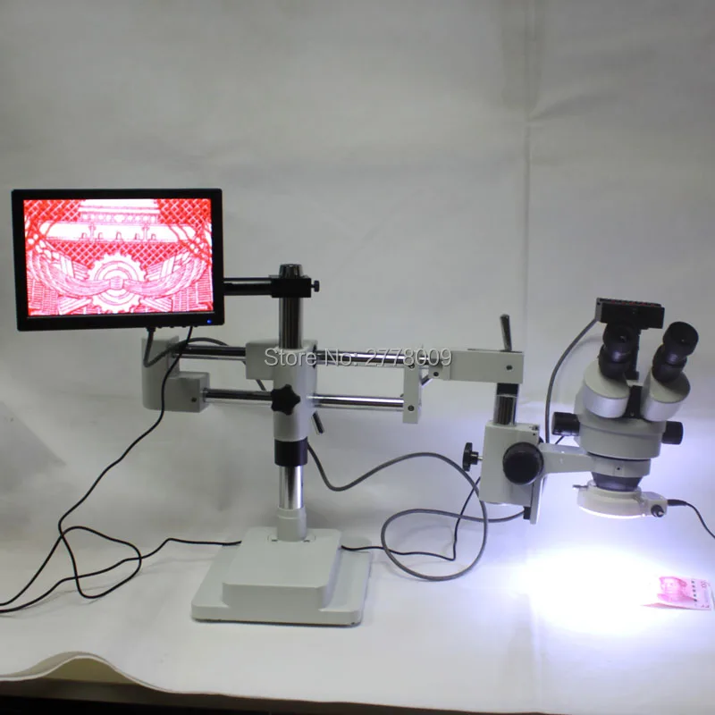 

3.5X-90X Double Arm Boom Stand Trinocular Stereo Zoom Microscope 28MP 1080P 60FPS HDMI Camera 144 LED Lights 10-inch Monitor