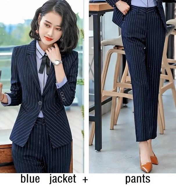 blue Jacket pants ACRMRAC, женские костюмы, тонкая полосатая куртка, штаны, OL, деловые, формальные, женские брюки, костюмы, женский комплект, костюмы - Цвет: blue Jacket pants
