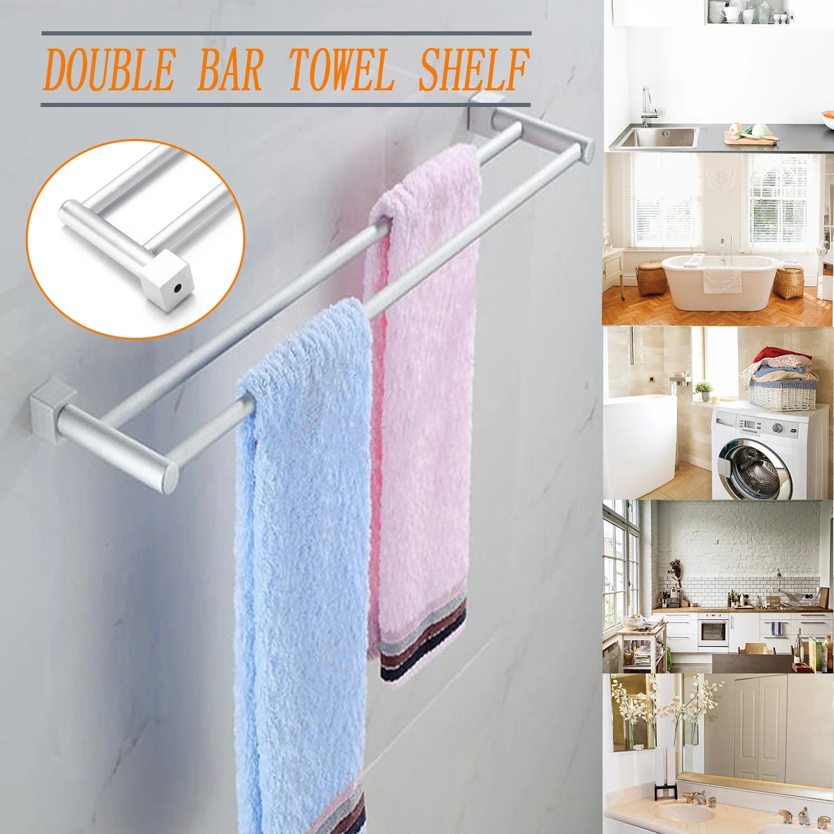 

Bathroom Double Towel Rail Rack 2 Bar Space Aluminum Hanger Wall Mounted Towel Shelf Bath Rails Bars Holder 58x12cm