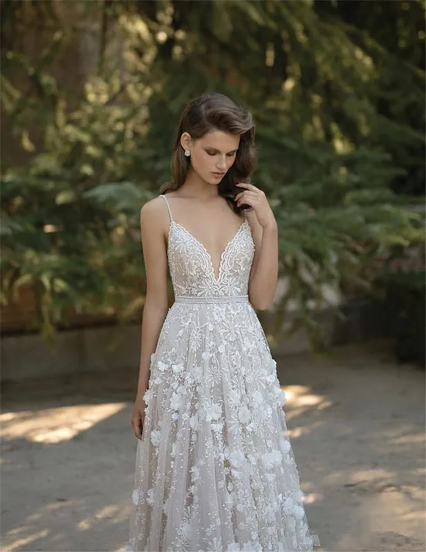 SSYFashion Новое роскошное свадебное платье сексуальное с v-образным вырезом открытая спина пляж развертки Поезд Шампанское Кружева цветок Lllusion длинное вечернее платье свадебное платье