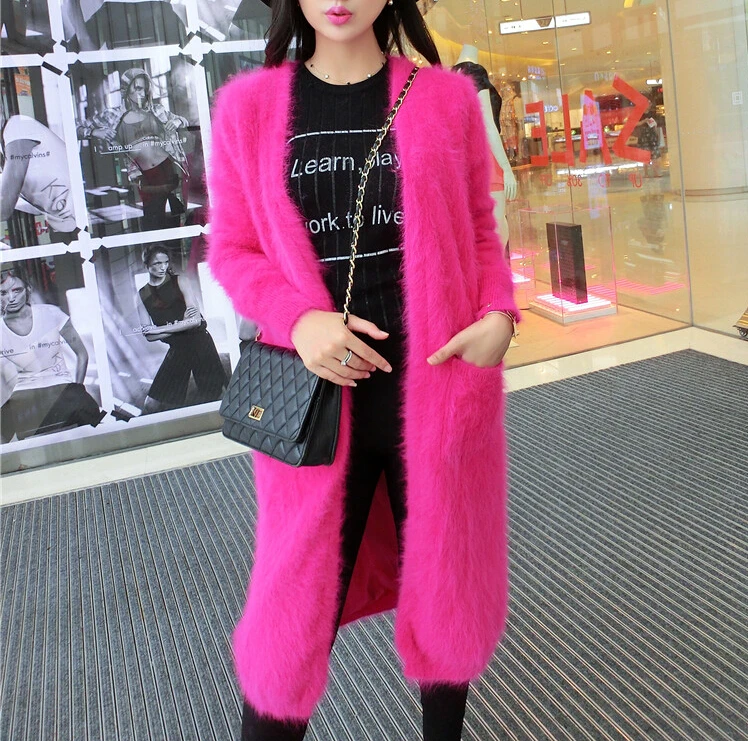 2019 New Arrival Knitted Real Mink Cashmere Long Cardigans Factory Custom OEM Natural Sweater Pocket Coat TBFP942 |