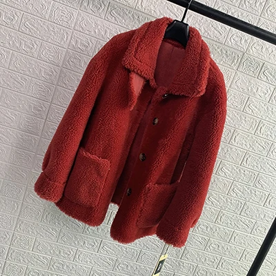 red Короткие Тедди Стиль Новые Негабаритных Настоящее Шуба из Ягненка Женская Меховая Зима Натуральная Натуральная Шерсть Овечья Шуба Куртка - Цвет: red