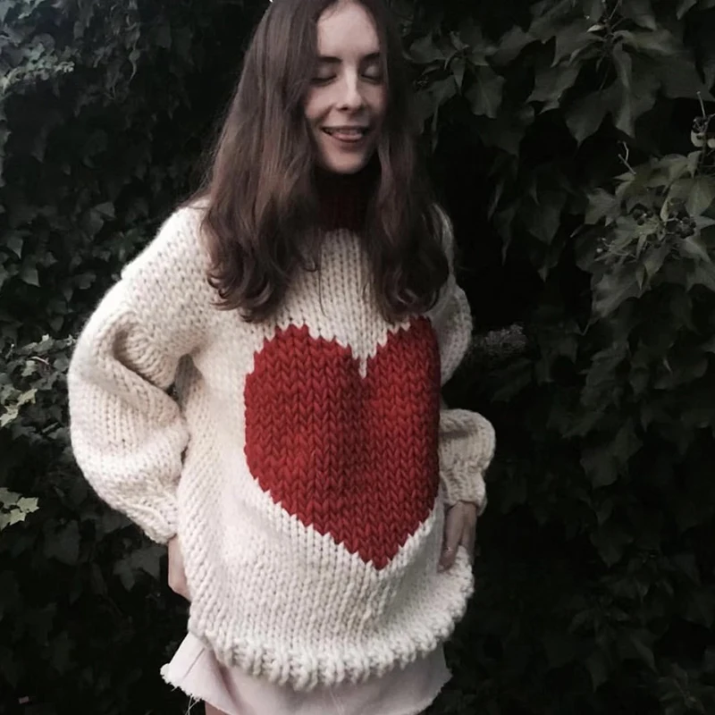 Heart Printed Women Mohair Sweaters 2018 Brand Streetwear Oversized Batwing Sleeve Knitted Pullovers Femme Knitwear cws0061-5 | Женская