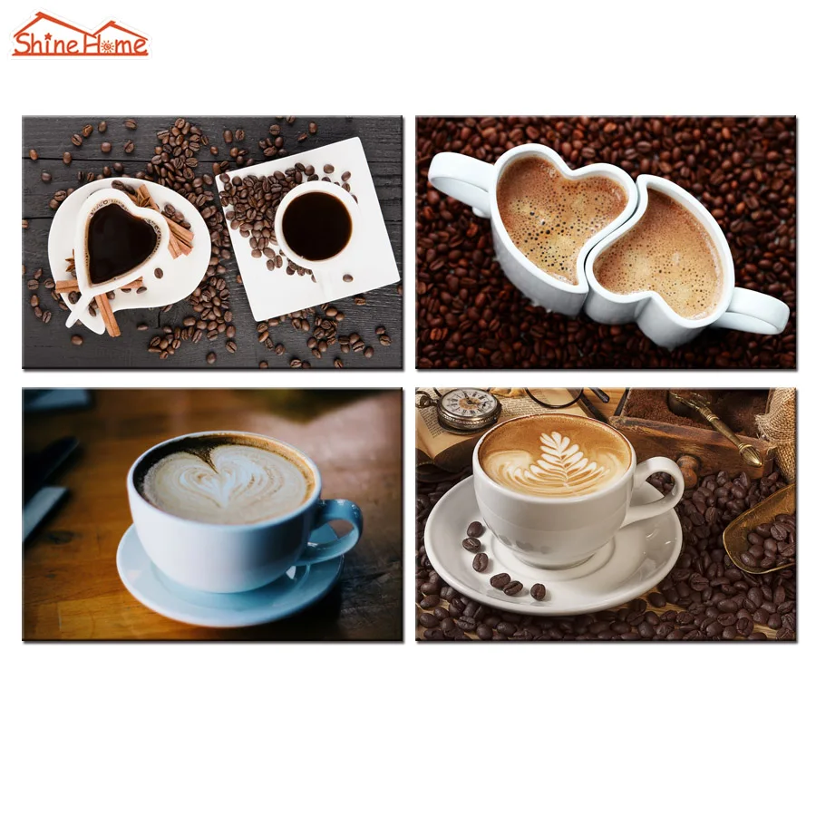 ShineHome-4 Panel Modern Canvas Prints Paintings Coffee Bean Cafe Wall Picture for Bar Nature Quadros De Parede Para Sala | Дом и сад