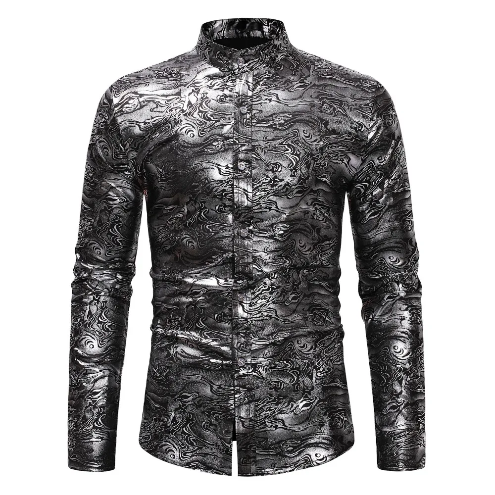 

Fashion Mandarin Collar Shirt Men 2021 Luxury Gold Bronzing Print Mens Social Shirt Casual Long Sleeve Shirts Camisas Hombre